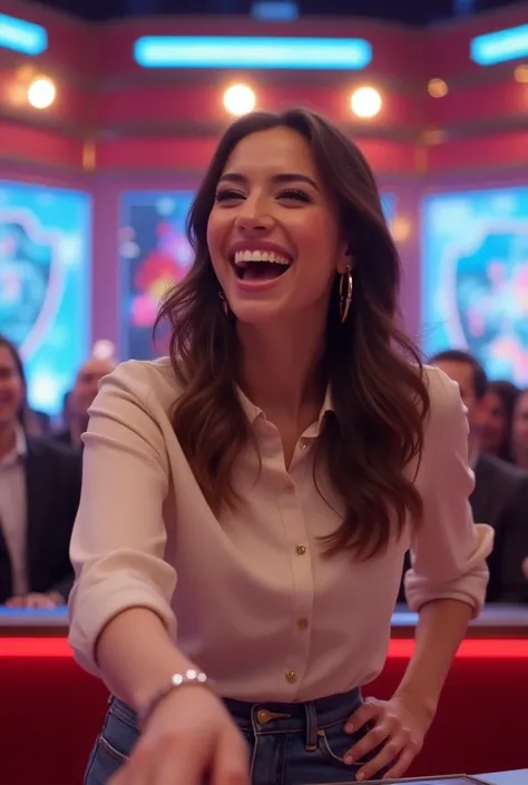 A pretty woman is happy to press a buzzer in a game.