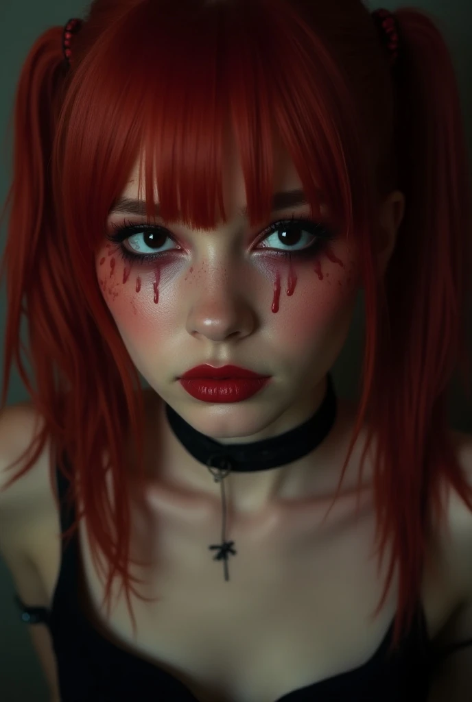 runny makeup,an 18 year old girl, solo, pale skin, red hair in pigtails, choker, tears, running makeup, runny makeup crying, red lips, crying with eyes open, parted lips, looking at viewer, black eyes, portrait, realistic, lips, black choker, makeup, lipst...