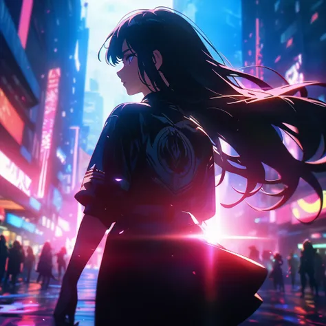 Woman silhouette,   sexy woman&#39;Rear view, Long Hair, Backlight, Urban Background:1.2, Anime Style:1.2, Black silhouette,  cowboy shot, Dramatic lighting, cinematic composition,  Vivid Colors,  chiaroscuro, (Best Quality:1.2, 4K, 8k,  very detailed,  hi...