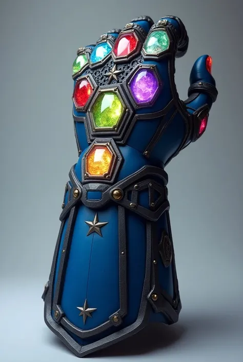 Captain Americas Gauntlet. Blue Color, Hand, Captain Americas Star Logo. 6 Infinity Stones, Time Stone, Space Stone, Mind Stone, Power Stone, Reality Stone, Soul Stone, Highly Detailed Quantity Of Stones