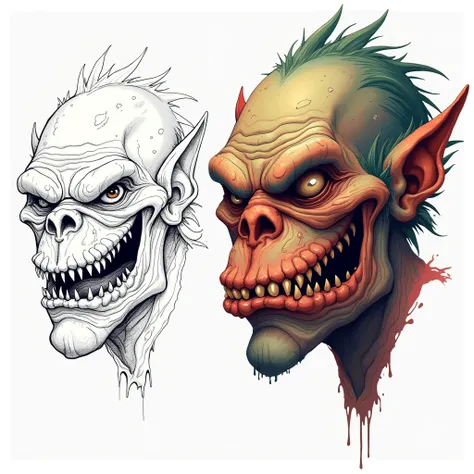 Line art and color art of a ugly troll face 