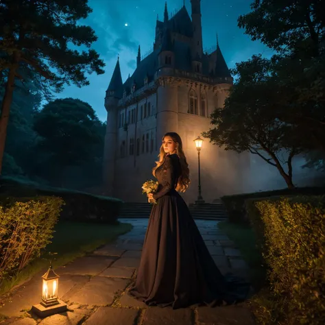 "A vast, grand medieval European castle with towering walls and an expansive entrance gate, set in a dense forest. The large castle is illuminated by torches that cast a warm glow against its stone structure, creating an imposing and mystical atmosphere. I...