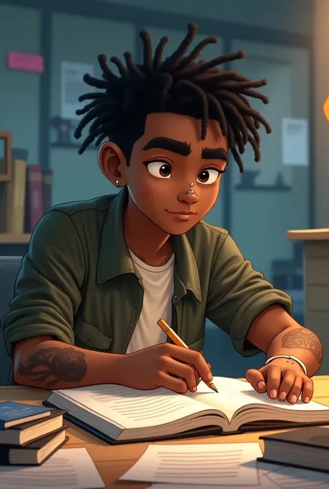 Cool Black teen with short freeforms and nose stud and one tattoo on his left arm studying and smoking animated 