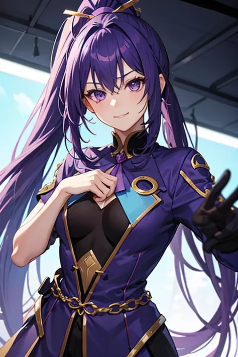 Blue-purple hair, Ridiculously long hair, Hair between the eyes, High Ponytail, purple eyespurple suit, Anime Color,fingersmile