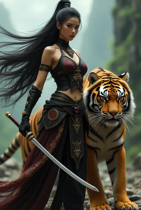 Sexy Chinese warrior girl with a giant tiger 