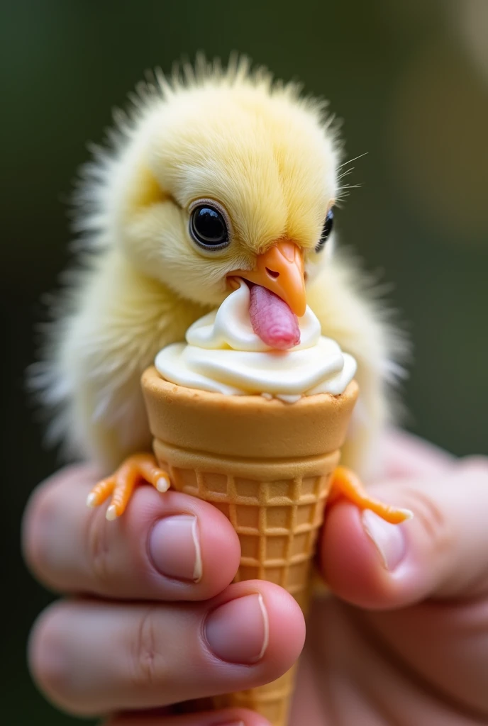 A close up of a tiny toucan cub labendo an ice-cream being gently held by a human finger. The puppy is licking an ice cream playfully . He is very small, with soft and fluffy fur, and small claws resting on the finger.  the background is blurry ,  focusing...