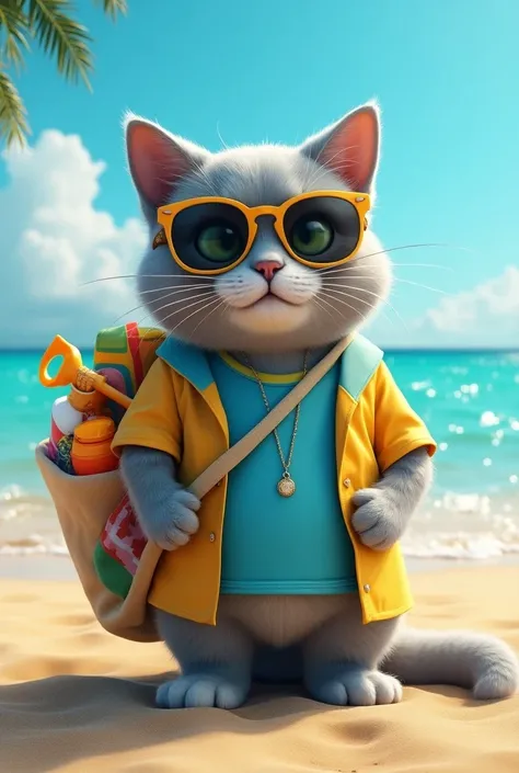 The giant cat is gray with a soft, sleek coat. It wears a loose, colorful shirt with vibrant hues of blue and yellow, perfect for a relaxing day at the beach. Its large, round sunglasses cover part of its face, giving it a cool, laid-back appearance.


Sce...