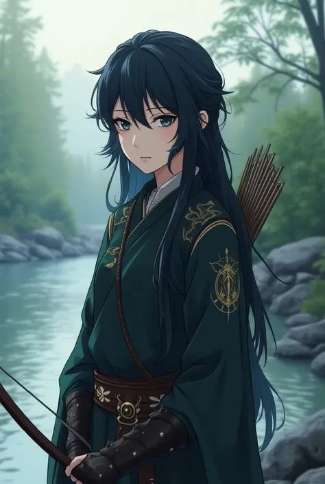  young beautiful woman、Around 22 years old、 wears obsidian armor 、Black hair is long、 has deep dark eyes 。 stands near a quiet river 、 and has a bow and quiver in his hands。He is about 175 cm tall 。,  Hi-Res, masterpiece,  hair is unkempt , Anime Style, 