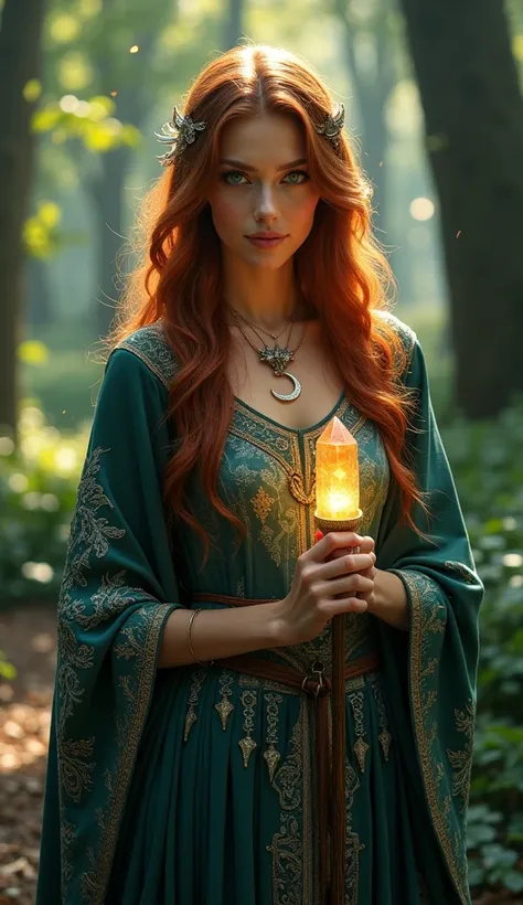 In a mystical forest glade, a striking priestess stands with an air of grace and power. Inspired by the enchanting features of Christina Hendricks, she possesses flowing auburn hair that cascades down her back, framing her face with soft waves. Her piercin...