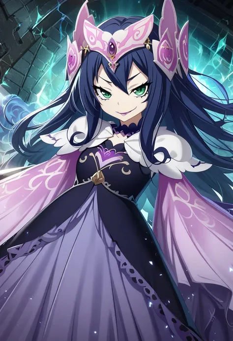 1 girl, dark blue hair, hair between eyes, long hair, dark green eyes, mischievous smile, malicious attitude, malicious expression, smug expression, pompous princess dress, CG