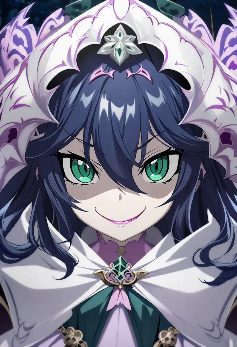 1 girl, dark blue hair, hair between eyes, long hair, dark green eyes, mischievous smile, malicious attitude, malicious expression, smug expression, pompous princess dress, CG