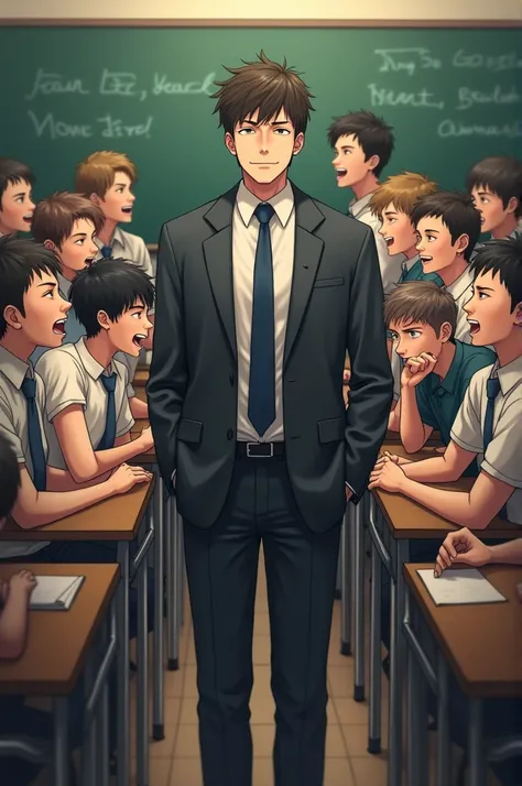 The whole class and the student is laughing but the teacher has a sad but serious face they all are male