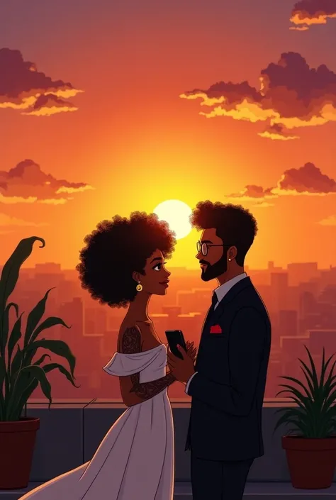 Masterpiece, (best quality: 1.2), (super fine: 1.2), animated illustration, full-body scene, HQ comic book style only.

SCENARIO: A breathtaking rooftop sunset with the sun large and central, glowing as it sets on the horizon. The sky features vibrant oran...