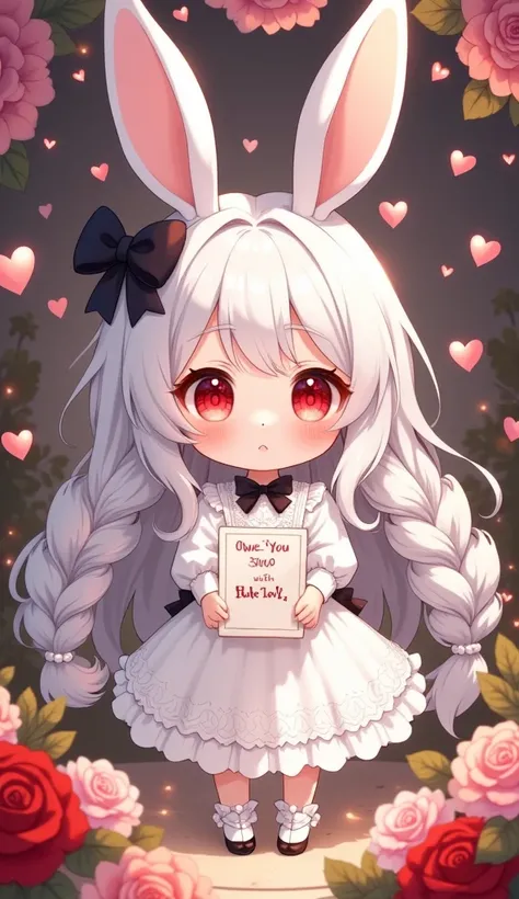 Cute anime-style chibi girl(red eyes,white rabbit ears, wearing pretty white dress embroidered with shiny white silk, luxuriously braided long white hair, big black hair bow) is holding out to viewer a cute love letter written “OWE YOU 3000 WITH LOVE” by c...