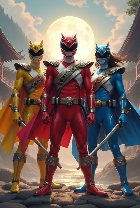 Design for me a mature and realistic japanese themed power rangers spandex including the capes and helmets with weapons for the red ranger (male) yellow (male) blue (female)