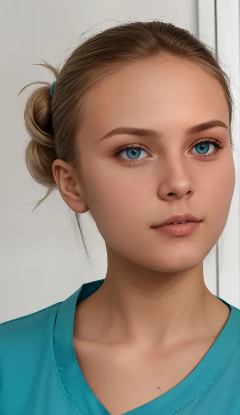 swedish teenager girl,  , face from exact front perspective,  face from exact front perspective, wearing teal surgical scrubs, short hair tied in a bun / chignon