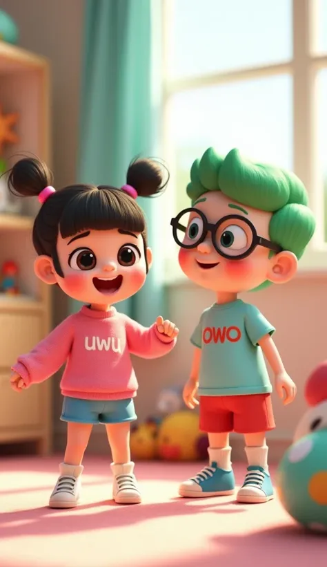 A cute and adorable with her hair braided into two buns on top and bangs, wearing a pink sweater with "uwu" printed on the front, blue shorts, short socks, and white sneakers. The style is 3D animation with a pastel color palette, creating a soft and cheer...