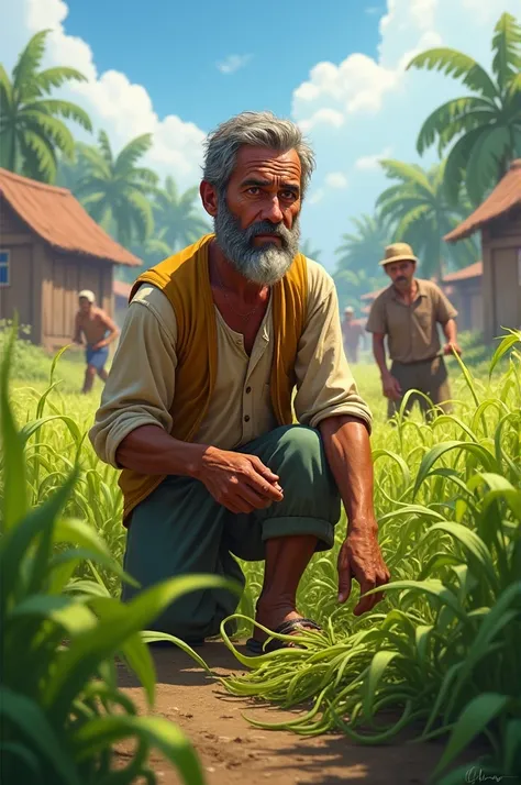 Prompt: "A vibrant, thriving village scene with the same poor man now working hard in the fields. He is seen harvesting crops with a focused expression, his clothes slightly more worn but now filled with purpose. The village in the background looks busier,...