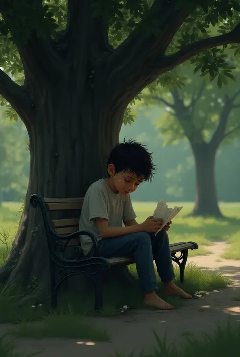 A boy is  sitting under the tree  in a bench and crying for a girl 
