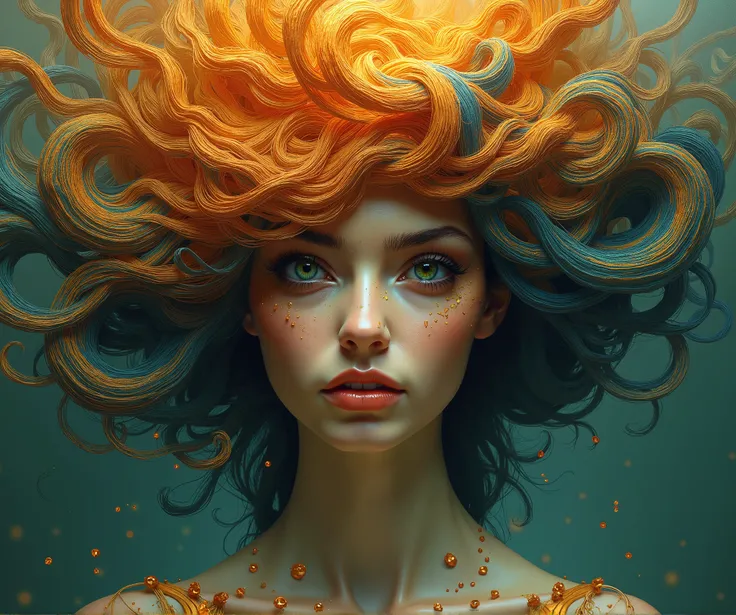 The image presents a hyper-realistic and intricate digital portrait of a female figure. The womans face is framed by a swirling maelstrom of organic, colorful shapes and patterns, giving the impression of a flowing, billowing hair or headdress.
The color p...