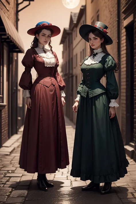 Noble ladies fashion full body in Victorian Era dress red, blue, green a conservative full body pose of a 1910 woman wearing a small hat and business attire and a long skirt , standing in a dark alleyway with gas lighting, a full moon in the background, be...