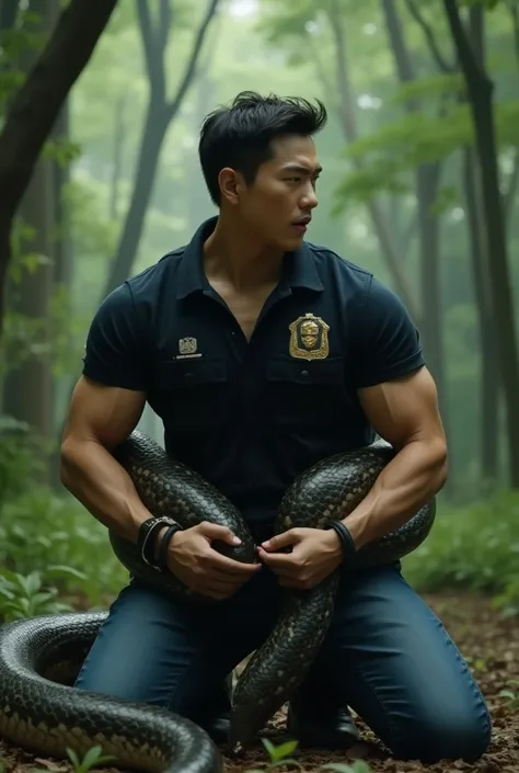 Realistic images. Realistic Korean police, Asian male hairdo, skinhead、Short Fade Cut 、18 years old、, a very handsome, cute bodybuilder, 、Big muscles. Wide shoulders. , Muscle Ties 、Man、Short hair、 big , (Wear a black undershirt)、Wear a navy polo shirt, je...