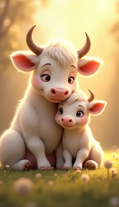 A parent and  of a cute dairy cow with a fluffy coat。The calf is sitting 。A mother cow looking gently at a calf。 seems happy。Parents and ren have no horns 。 Light shines in, fantastic atmosphere 。