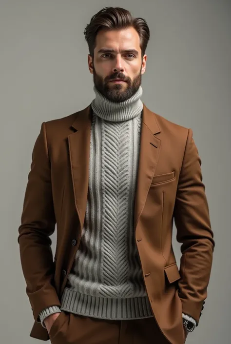 male fashion brown suit and white grey neck sweater