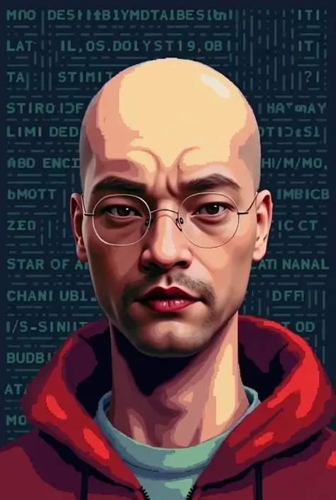  in a pixel animation style，Baldhead，Wears round red sunglasses，Sharp eyes，The background is the program code