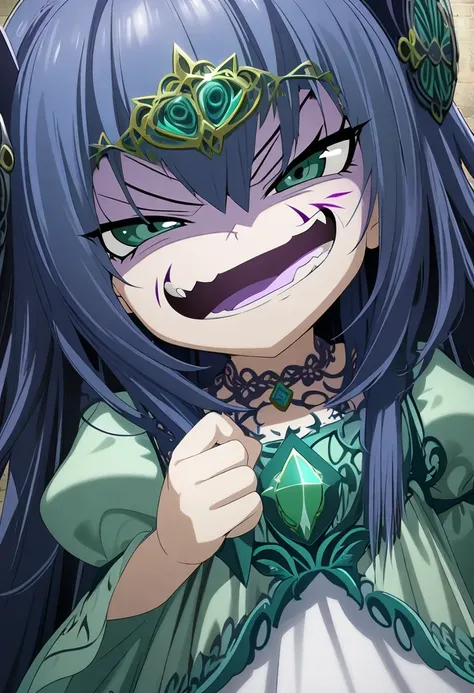 1 girl, dark blue hair, hair between eyes, long hair, dark green eyes, mischievous smile, malicious attitude, malicious expression, smug expression, princess dress, CG