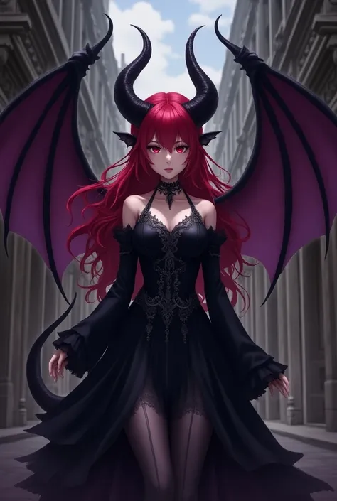 in anime style create a female demon with black clothes with white details embroidered old European, red hair, purple and black wings