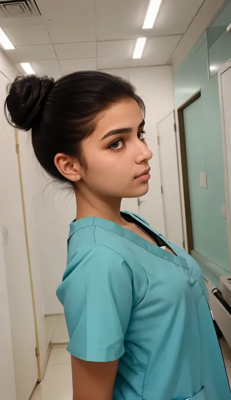 persian teenager girl,  , face from exact front perspective,  face from exact front perspective, wearing teal surgical scrubs, short hair tied in a bun / chignon