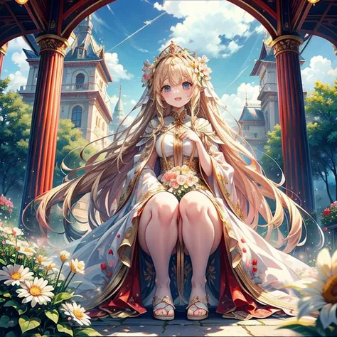 ((Best Quality)), ((masterpiece)), (  Details), ( super high definition)、Cute Princess、 Very Very Young 、
(Blonde、 braided )、 big breasts at the temple、 perfect face、(Perfect Fingers、Perfect hands)、 perfect body、超 Detailsな肌、１４age、Petite、
(hey、dress with lo...