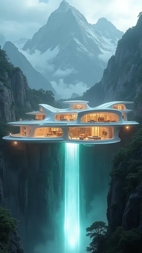 A colossal, sci-fi-inspired mega-mansion built into the side of a mountain with structures that extend into the open air. The house is made of transparent and glowing materials, with floating platforms and sky bridges connecting different parts of the mans...