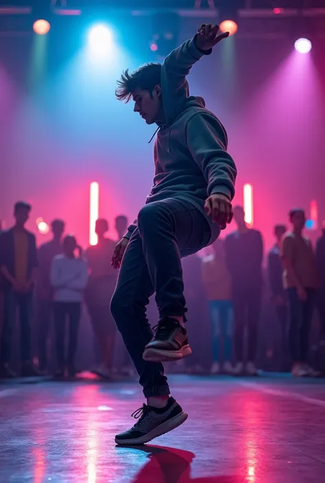  An energetic young man was performing a breakdance move on stage .  She was dressed in casual wear in the form of a hoodie and jeans with comfortable sneakers.  His body arched backwards while performing a stunning backflip move . Around him,  The colorfu...