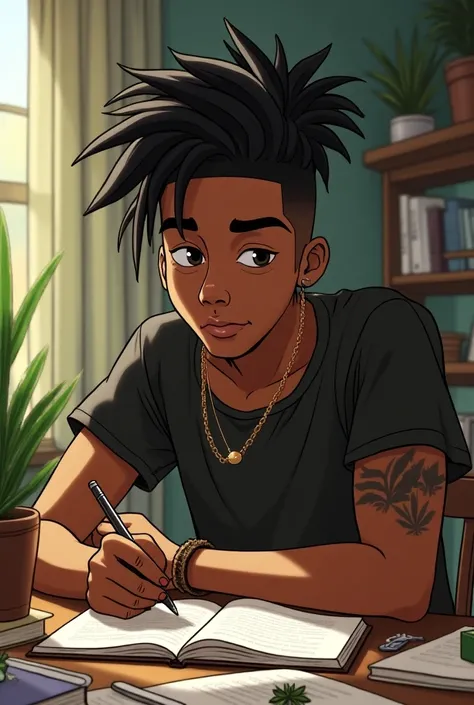 Cool Black teen with short dreadlocks and nose piercing and one small tattoo on his arm studying and smoking weed animated 