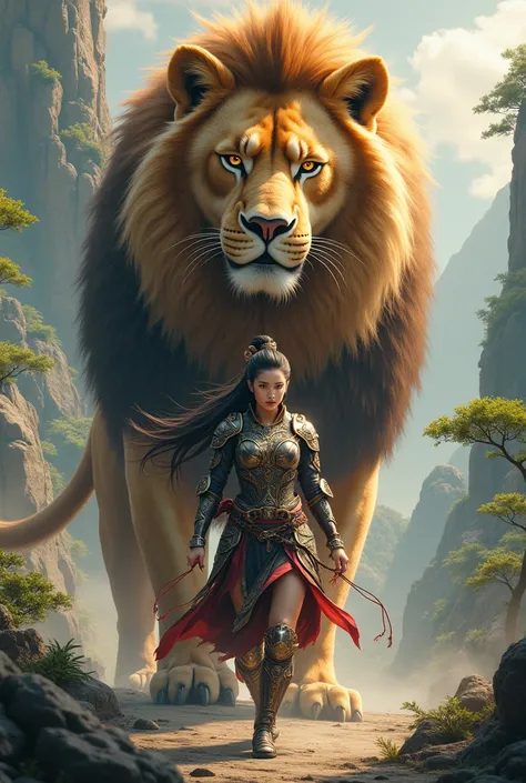 Sexy Chinese warrior girl with a giant lion