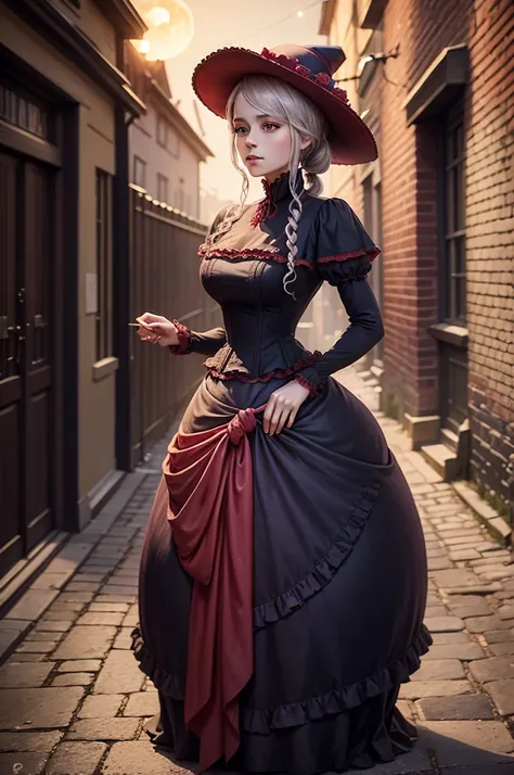 Noble ladies fashion full body in Victorian Era dress red, blue, green a conservative full body pose of a 1910 woman wearing a small hat and business attire and a long skirt , standing in a dark alleyway with gas lighting, a full moon in the background, be...