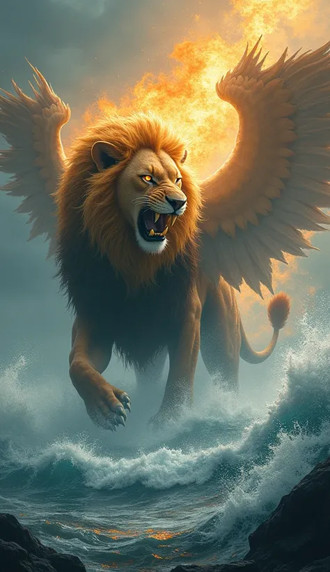 "As the forces of the Lion and the Leviathan merge, the sea around them churns with primordial violence. Golden scales and deep gold mix with the fiery mane, forming a titanic silhouette. Their roars intertwine into a sound that makes both the ocean and th...