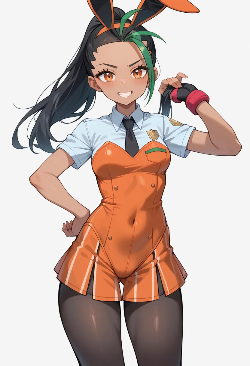 (masterpiece, highres, best quality, looking from viewer, 1girl, solo), nemona \(pokemon\), black hair, green hair, orange eyes,...