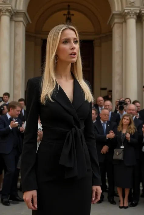 A blonde young woman Brooke Shields, with long silk straight hair. She is wearing a black elegant dress, with long sleeves and a sheer bow on the neckline. Her body is tunned, wide hips and small waist. She is in a pulpit, giving a speech. The background i...