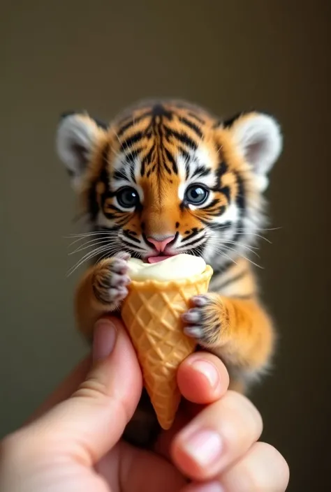 A close up of a tiny tiger cub labelling ice cream being gently held by a human finger. The puppy is licking an ice cream playfully . He is very small, with soft and fluffy fur, and small claws resting on the finger.  the background is blurry ,  focusing a...