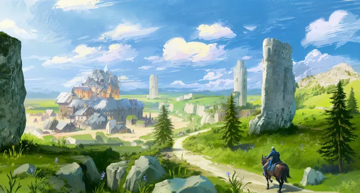 painting of a man riding a horse in a field with a castle in the background, anime countryside landscape, anime scenery concept art, scenery game concept art, rpg landscape, concept art. epic landscape, anime landscape, painted as a game concept art, epic ...