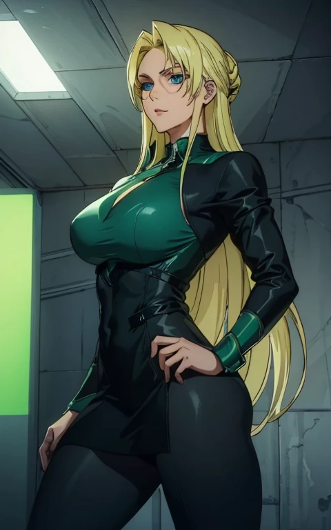 blonde woman with blue eyes with a powerful and mystical appearance. She is dressed in green and black armor that covers much of her body, with details in geometric and pointed patterns that give her an intimidating and authoritarian air. He wears a long c...