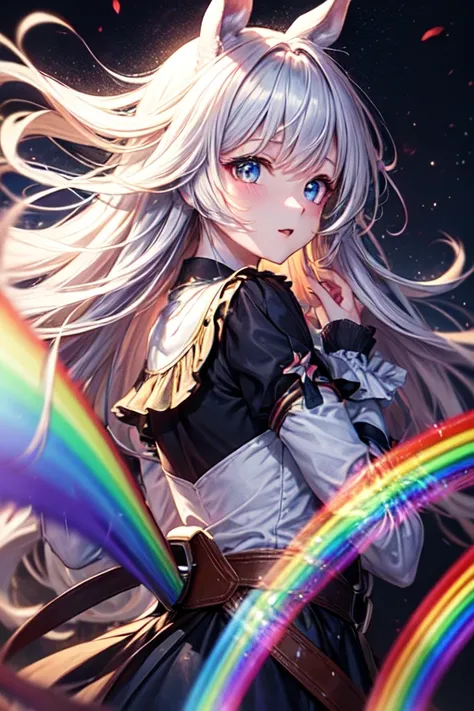 Horse Girl、Horse ears 、Rainbow hair colour、Gradient hair texture、Long Hair、Rainbow Eyes、whole body、Cute expression、