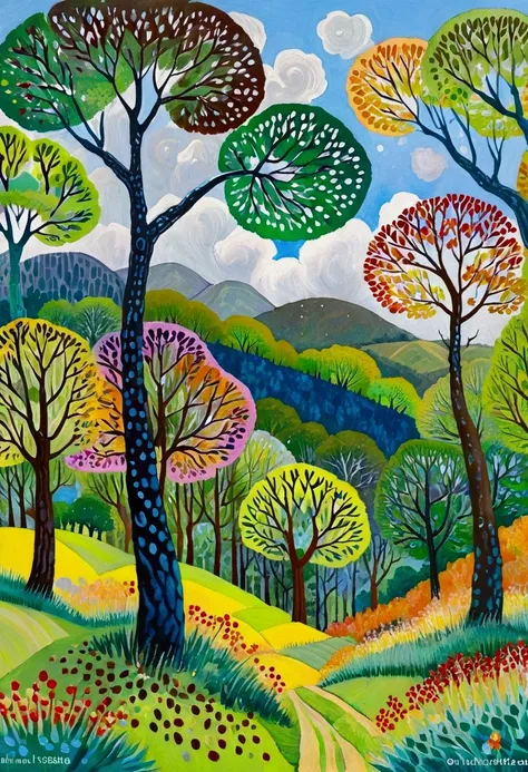 painting of a colorful landscape with trees and clouds, vibrant gouache painting scenery, whimsical forest, colorful trees, hill...