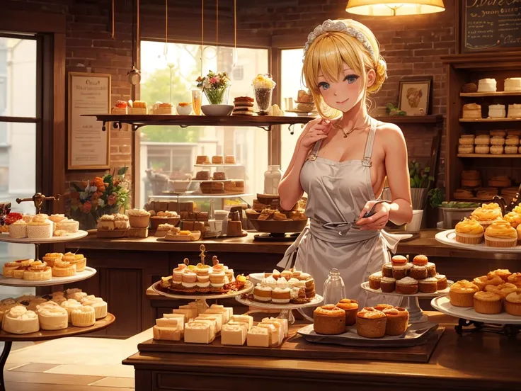 A whimsical and inviting scene featuring a cheerful female pastry chef with blonde hair, naked . She stands in a cozy, warmly lit bakery, surrounded by an array of beautifully decorated cakes and pastries. The central focus is a stunning, multi-tiered cake...