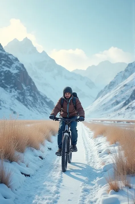 A young man takes his bike in Le Ladakh. There are many paddies around and Winter is the season painting in detailed 