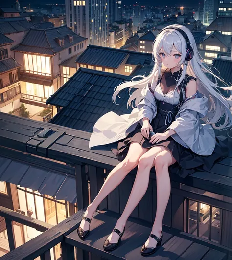 A girl sitting on the balcony , feeling and seeing the out view  , focusing the city at night  ,in the style of 2d game art ,chinstill 50, with headphones in the ear , linsting the song  , night time, coloufull animation skills, with a dog sitting beside n...