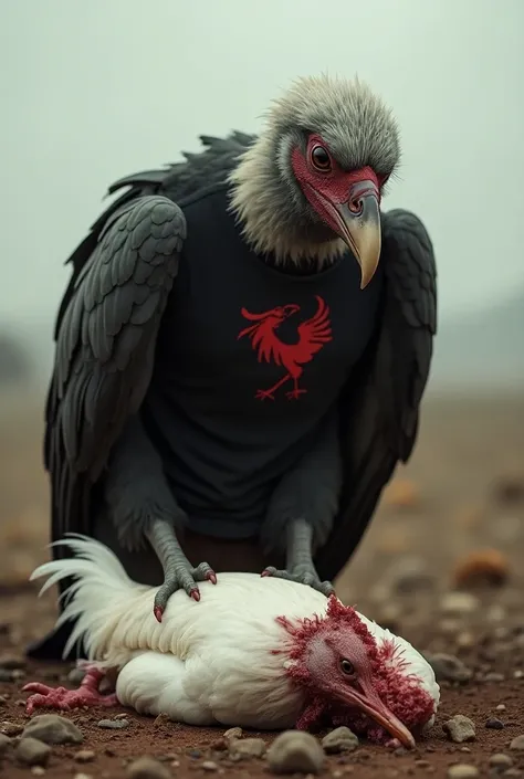 Image of a vulture wearing a black and red t-shirt eating a white rooster 